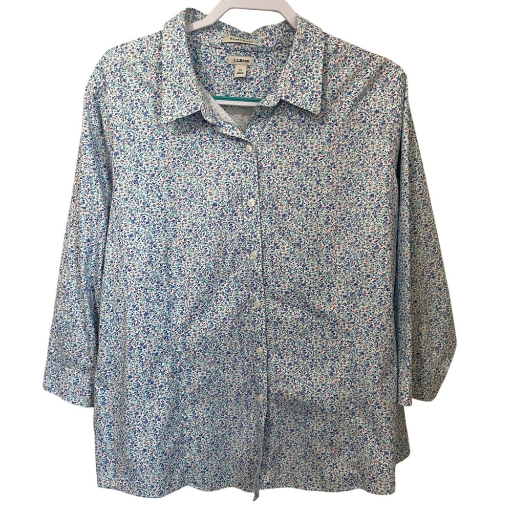 LL Bean Size 3X Wrinkle Resist Cotton Floral Button Down Shirt Blue White